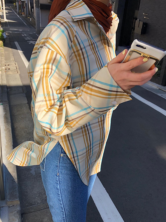 Oversized wool-linen stripe check shirt